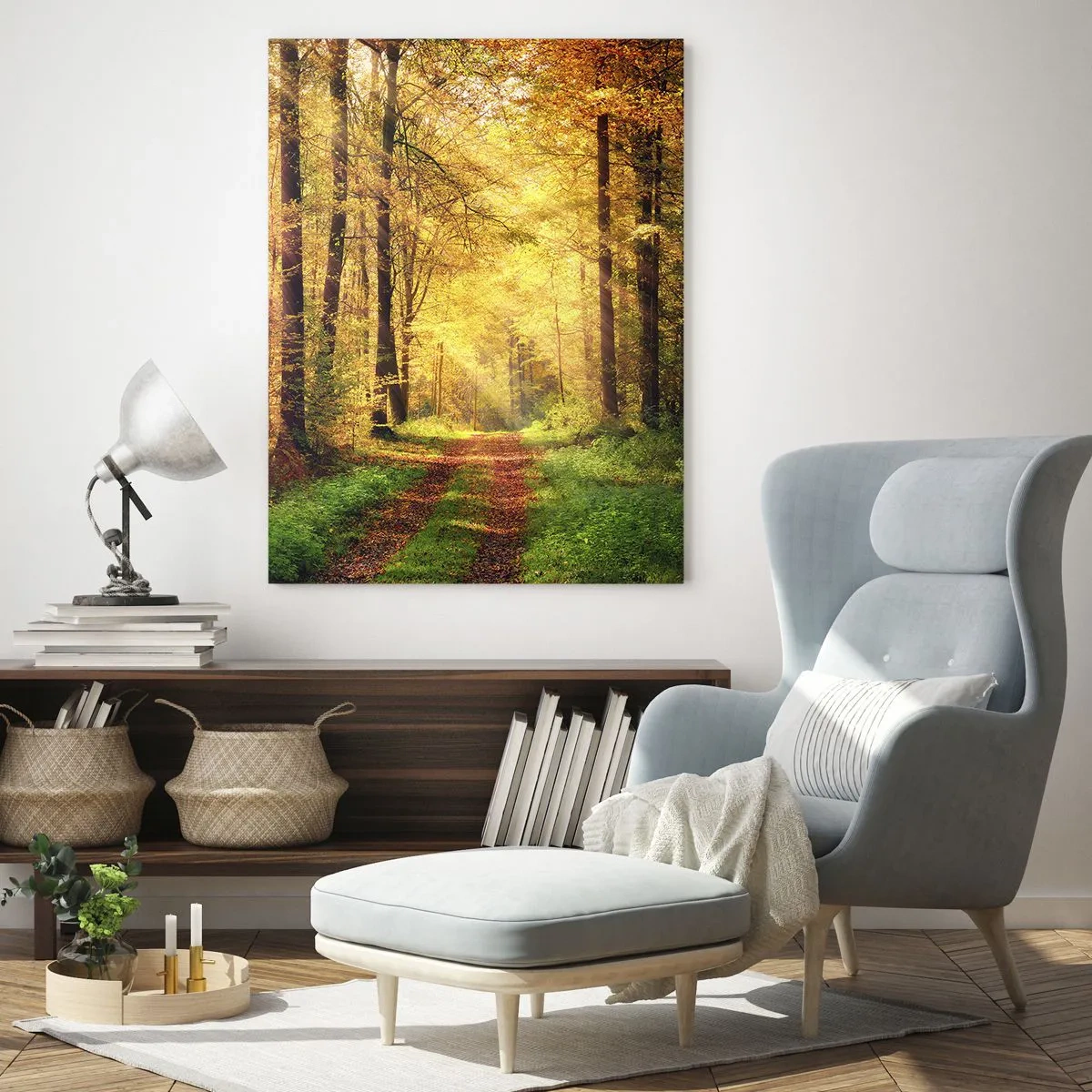 Impression sur verre - Image sur verre - Un chemin forestier entouré d'arbres dorés et verts - 70x100cm - Silence d'or en forêt - Décoration murale moderne pour le salon et la chambre ARTTOR