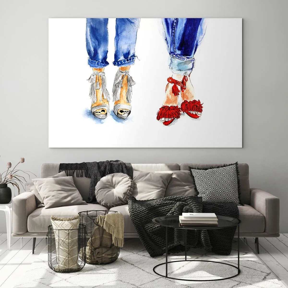 Impression sur verre - Image sur verre - Deux chaussures élégantes sur fond de jeans - 100x70cm - Peut-être irons-nous nous promener? - Décoration murale moderne pour le salon et la chambre ARTTOR