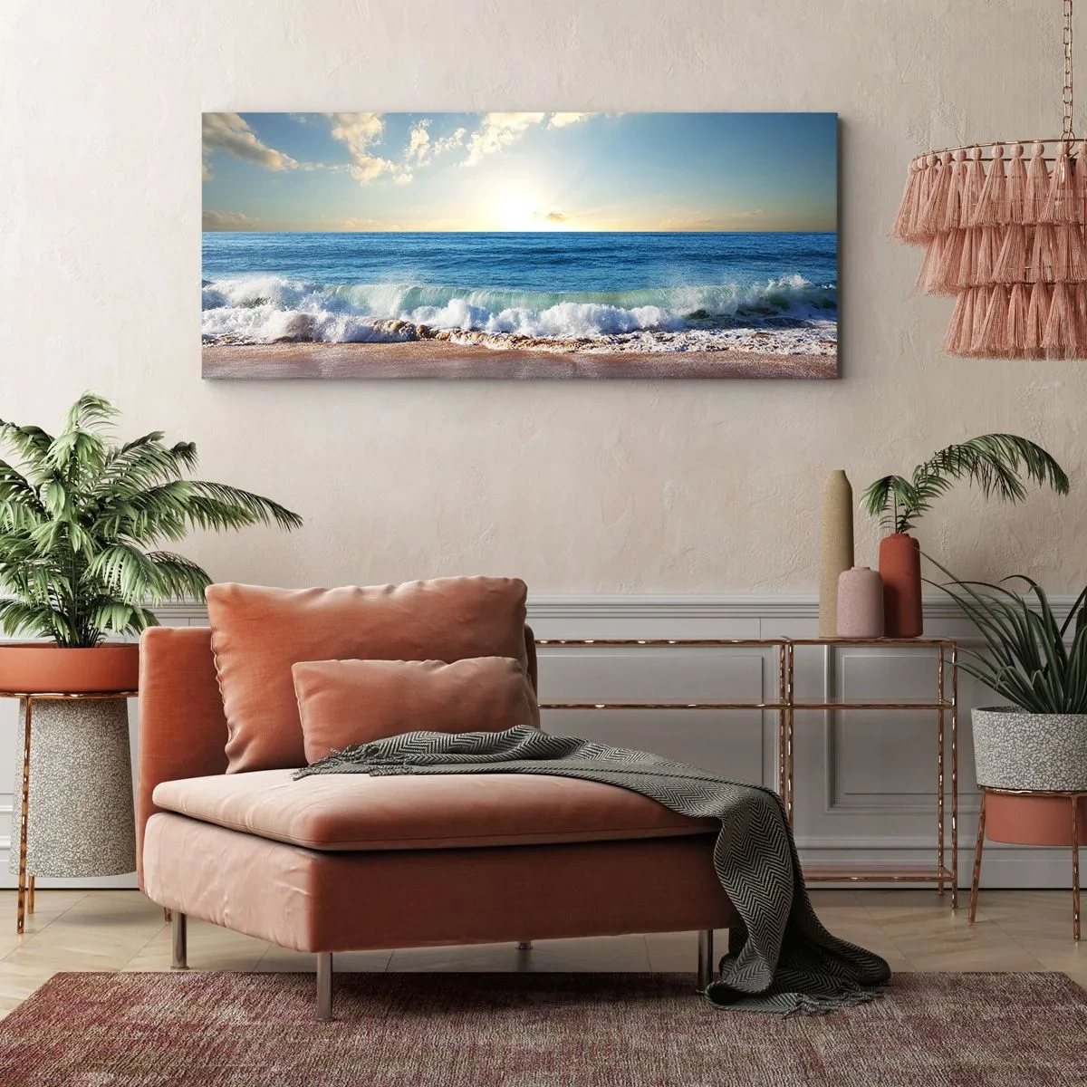 Impression sur toile - Image sur toile - Une plage ensoleillée avec des vagues s'écrasant sur le rivage - 160x50cm - Mouvement et immobilité à la fois - Décoration murale moderne pour le salon et la chambre ARTTOR