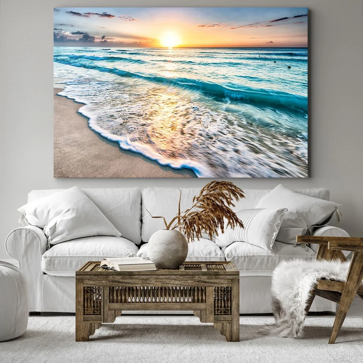 Impression sur toile - Image sur toile - Lever de soleil sur une plage tranquille avec des vagues - 70x50cm - Une vue qui en vaut la peine - Décoration murale moderne pour le salon et la chambre ARTTOR