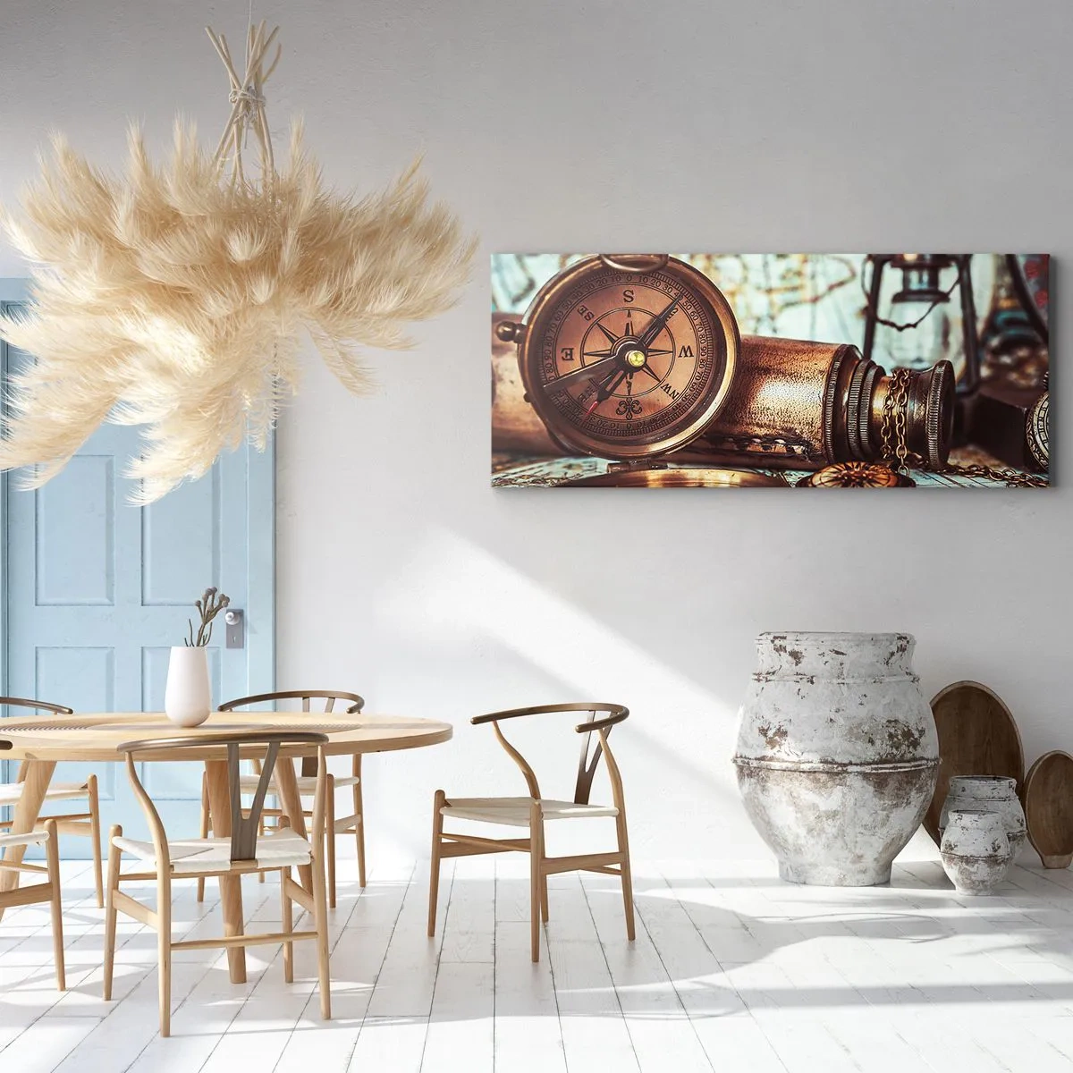 Impression sur toile - Image sur toile - Un ensemble rétro avec une boussole, un télescope et une carte sur le thème du voyage - 160x50cm - Une aventure de pirates dans les Caraïbes vous attend - Décoration murale moderne pour le salon et la chambre ARTTO