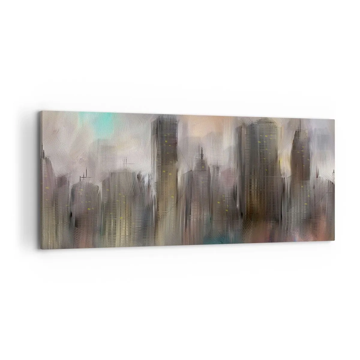 Impression sur toile - Image sur toile - Une vision artistique d'un paysage urbain avec des gratte-ciels aux couleurs pastel. - 120x50cm - Une composition d'acier, de pierre et de brouillard - Décoration murale moderne pour le salon et la chambre ARTTOR