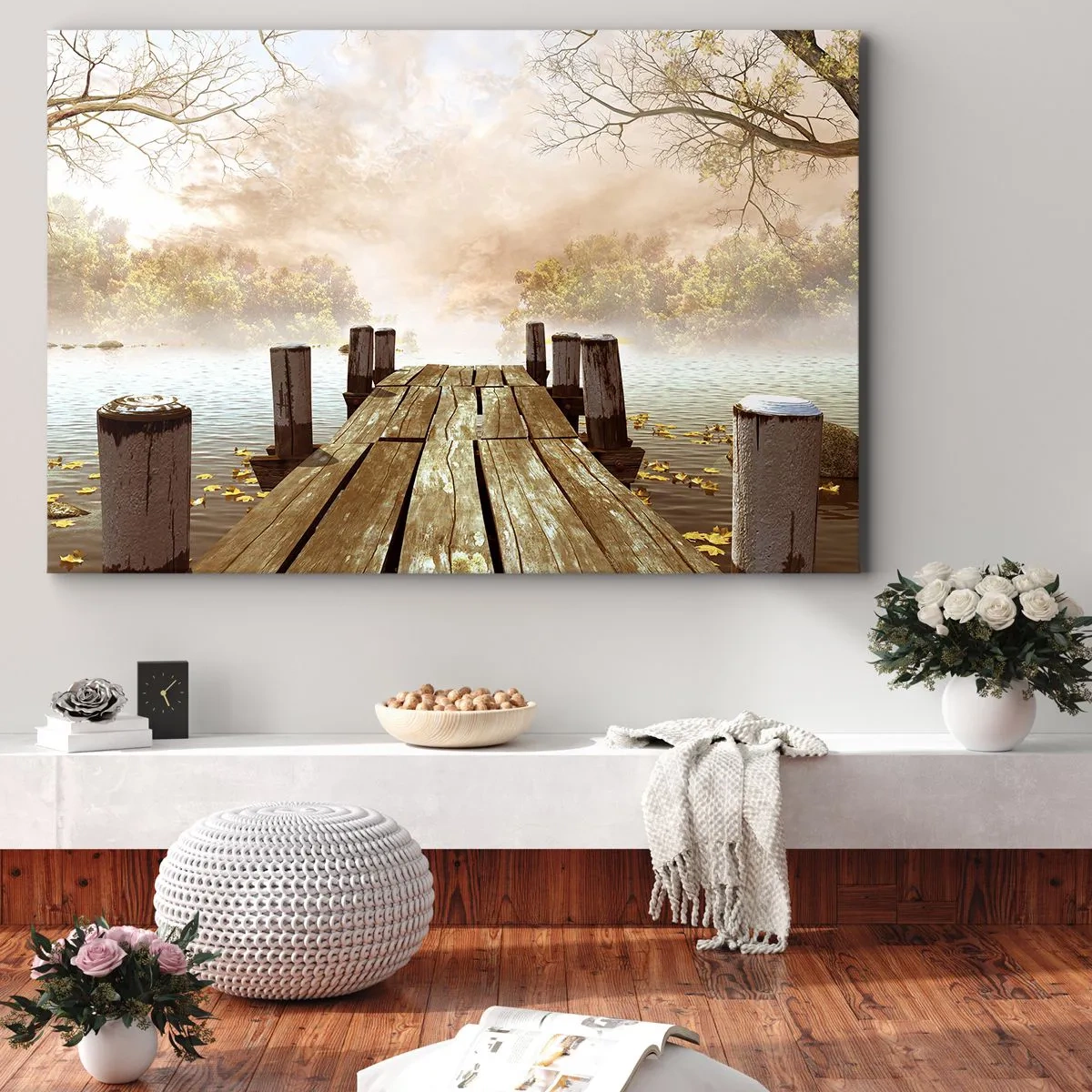 Impression sur toile - Image sur toile - Une jetée en bois menant à un lac calme dans la brume matinale - 70x50cm - La douce tristesse de l'automne - Décoration murale moderne pour le salon et la chambre ARTTOR