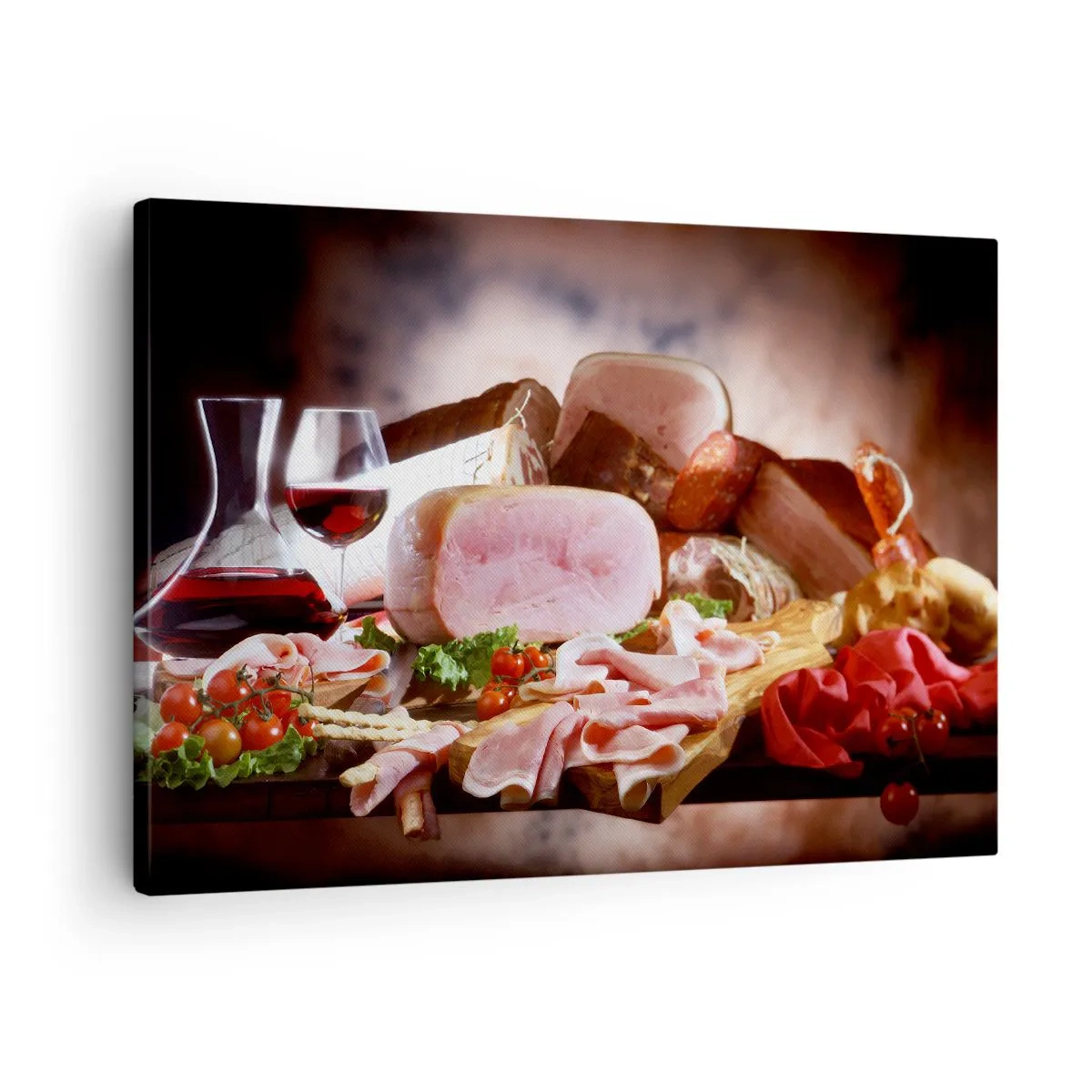 Impression sur toile - Image sur toile - Charcuterie au vin sur fond rustique - 70x50cm - Un rêve culinaire avec une carafe - Décoration murale moderne pour le salon et la chambre ARTTOR