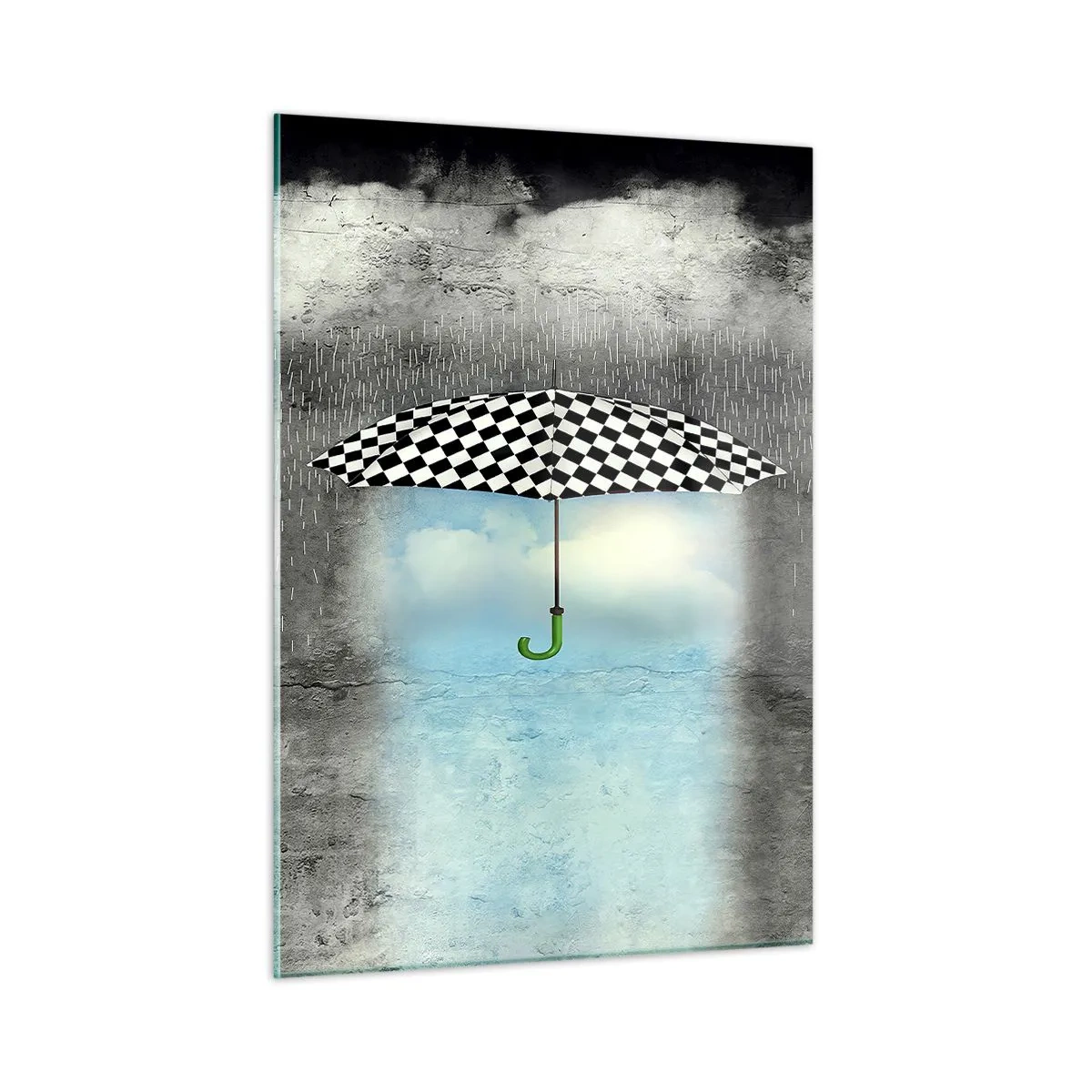Impression sur verre - Image sur verre - Un parapluie à carreaux noir et blanc sur fond de pluie et de nuages - 50x70cm - Et pourtant c'est possible - Décoration murale moderne pour le salon et la chambre ARTTOR