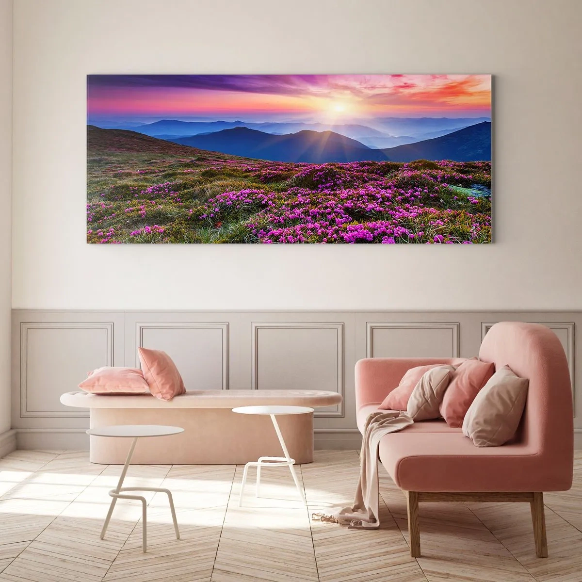 Impression sur verre - Image sur verre - Prairie de montagne avec des fleurs au coucher du soleil - 120x50cm - Les herbes sentaient les grappes fraîches de la récolte - Décoration murale moderne pour le salon et la chambre ARTTOR