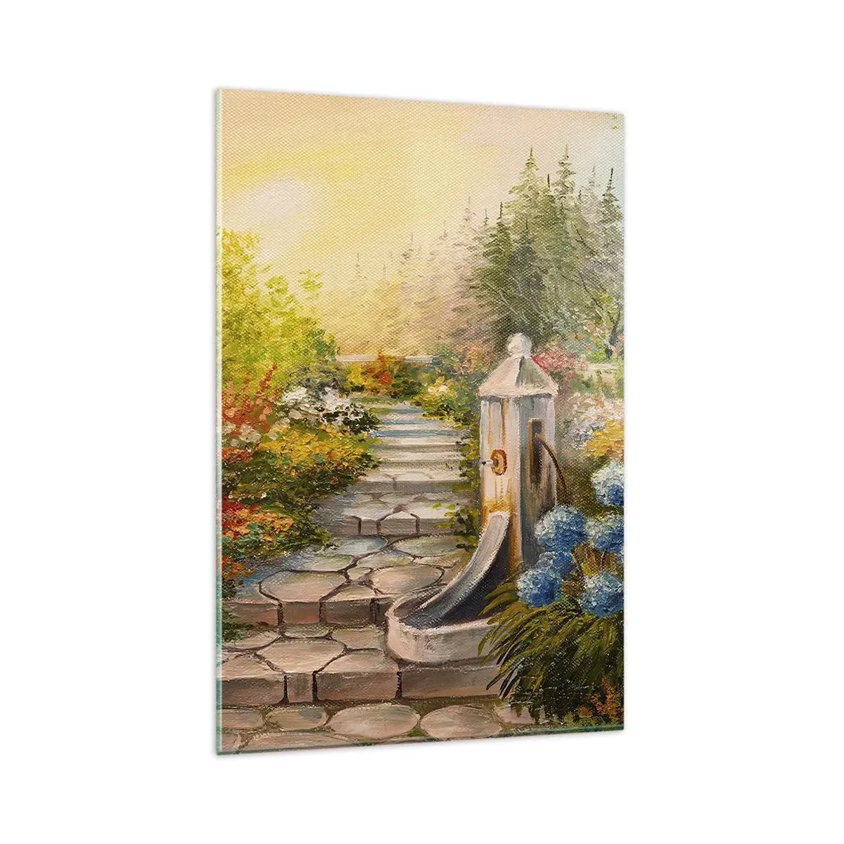 Impression sur verre - Image sur verre - Un jardin pittoresque avec une fontaine et des fleurs colorées - 80x120cm - En pleine floraison - Décoration murale moderne pour le salon et la chambre ARTTOR