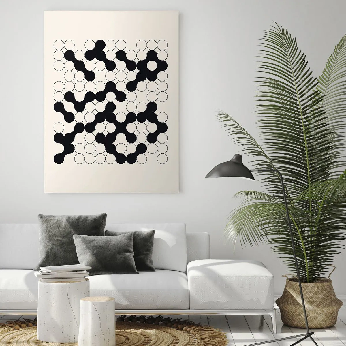 Impression sur verre - Image sur verre - Une mosaïque graphique en noir et blanc composée de points connectés. - 50x70cm - Jeu chinois – variation - Décoration murale moderne pour le salon et la chambre ARTTOR