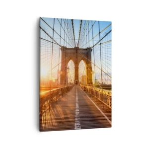 Impression sur toile - Image sur toile - Le pont à la lumière du soleil couchant avec vue sur la ville - 50x70cm - Sur le pont d'or - Décoration murale moderne pour le salon et la chambre ARTTOR