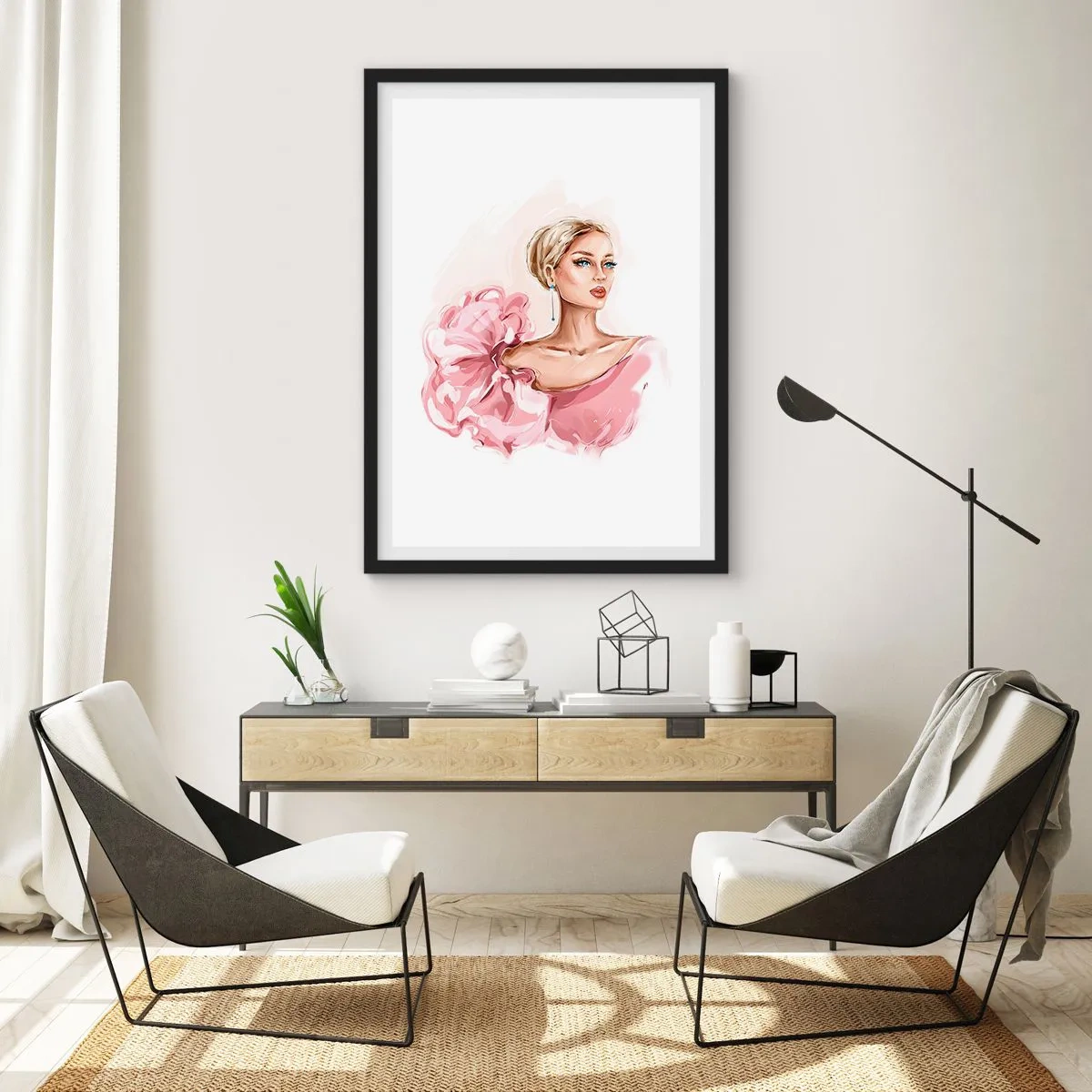 Affiche dans un cadre noir - Poster - Femme élégante en robe rose - 50x70cm - Comme peinte... - Décoration murale moderne pour le salon et la chambre ARTTOR