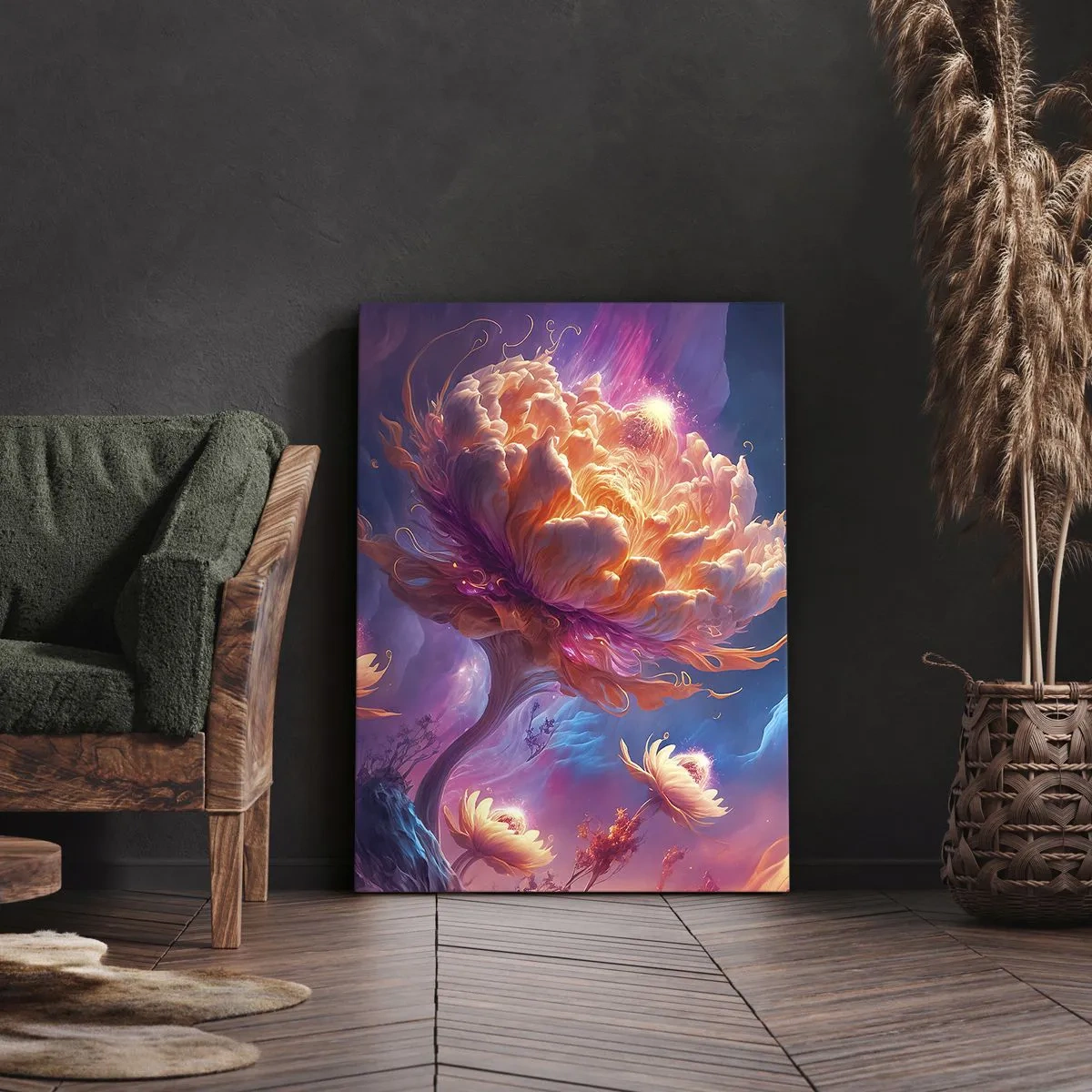 Impression sur toile - Image sur toile - Fleurs fantastiques dans un paysage cosmique - 70x100cm - Un autre monde - Décoration murale moderne pour le salon et la chambre ARTTOR