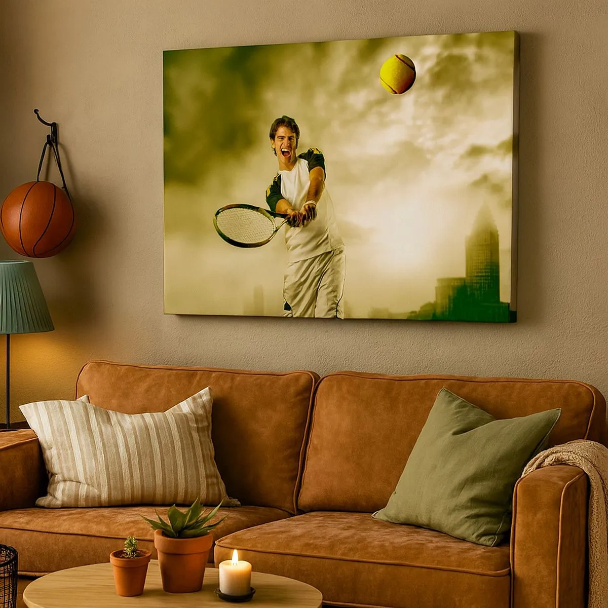 Impression sur toile - Image sur toile - Joueur de tennis en action lors d'un match avec en toile de fond un paysage urbain - 70x50cm - Énergie et joie - Décoration murale moderne pour le salon et la chambre ARTTOR