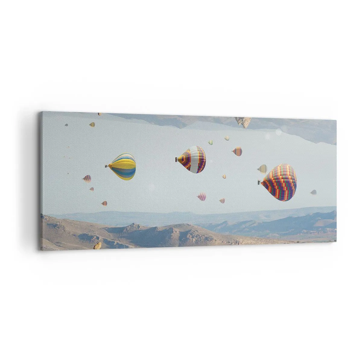 Impression sur toile - Image sur toile - Ballons colorés au-dessus d'un paysage rocheux - 120x50cm - Ici, tout est possible - Décoration murale moderne pour le salon et la chambre ARTTOR