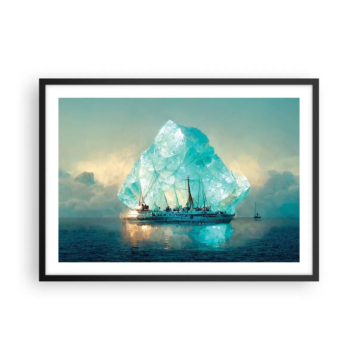 Affiche dans un cadre noir - Poster - Un navire avec un iceberg majestueux en arrière-plan - 70x50cm - Diamant arctique - Décoration murale moderne pour le salon et la chambre ARTTOR