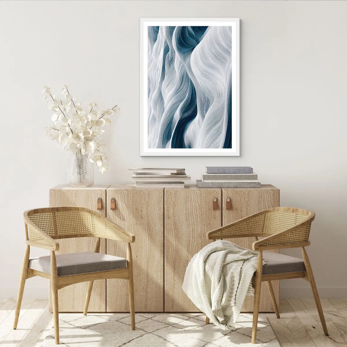 Affiche dans un cadre blanc - Poster - Vagues blanches et bleues - 61x91 cm