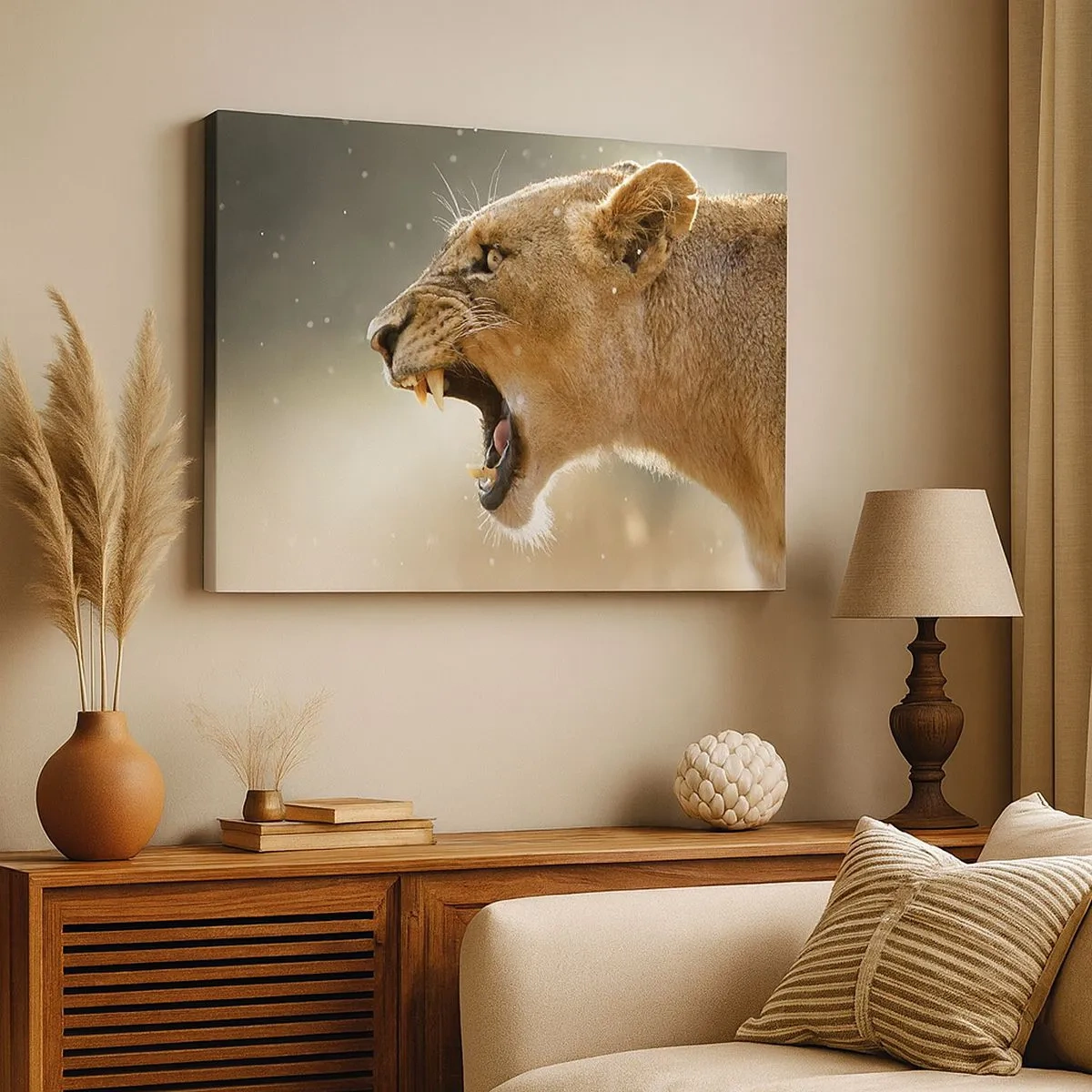 Impression sur toile - Image sur toile - Portrait d'une lionne rugissante à la lumière naturelle - 70x50cm - Essayez  de ne pas écouter - Décoration murale moderne pour le salon et la chambre ARTTOR