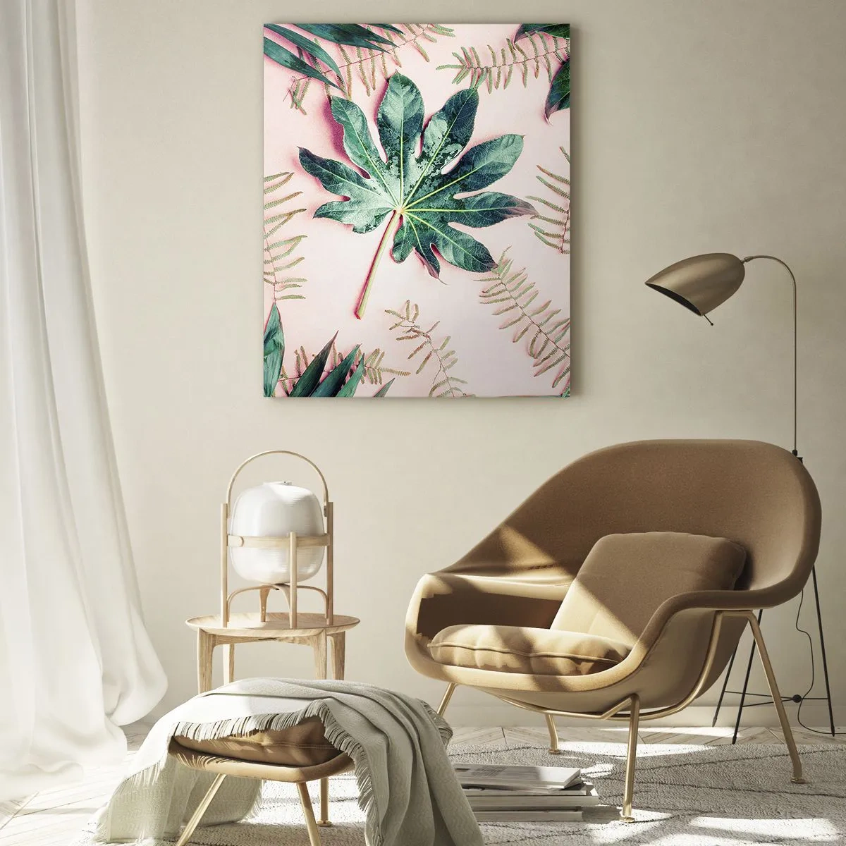 Impression sur verre - Image sur verre - Feuilles tropicales sur fond pastel clair - 70x100cm - Étude de verdure sur fond rose - Décoration murale moderne pour le salon et la chambre ARTTOR