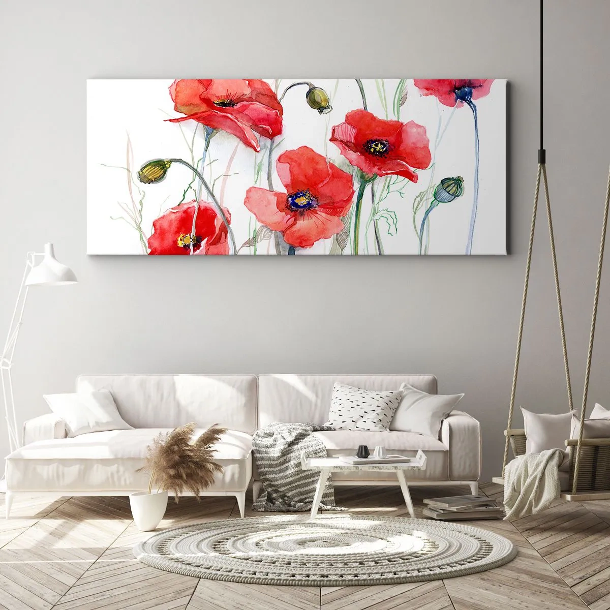 Impression sur toile - Image sur toile - Coquelicots à l'aquarelle sur un fond délicat - 140x50cm - Fleurs polonaises - Décoration murale moderne pour le salon et la chambre ARTTOR