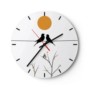 Horloge murale - Pendule murale - Deux oiseaux sur une branche sous un soleil orange - 30x30cm - Soirée pour rossignols - Décoration murale moderne pour le salon, la cuisine et la chambre ARTTOR