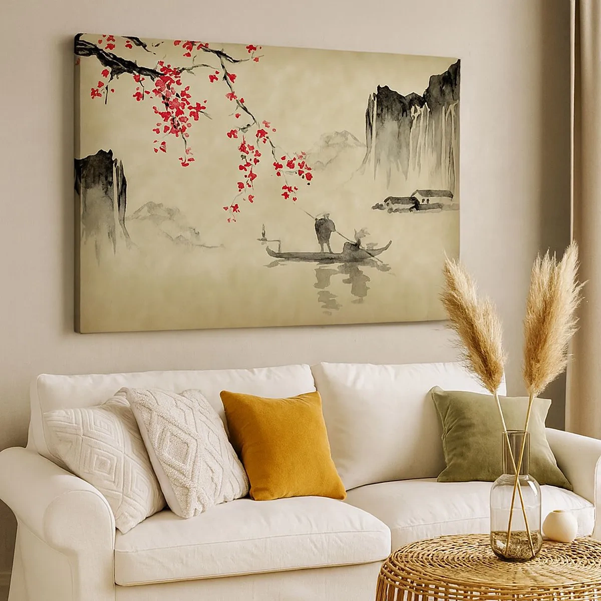Impression sur toile - Image sur toile - Illustration orientale avec un bateau et une branche fleurie - 70x50cm - Au pays des cerisiers en fleurs - Décoration murale moderne pour le salon et la chambre ARTTOR