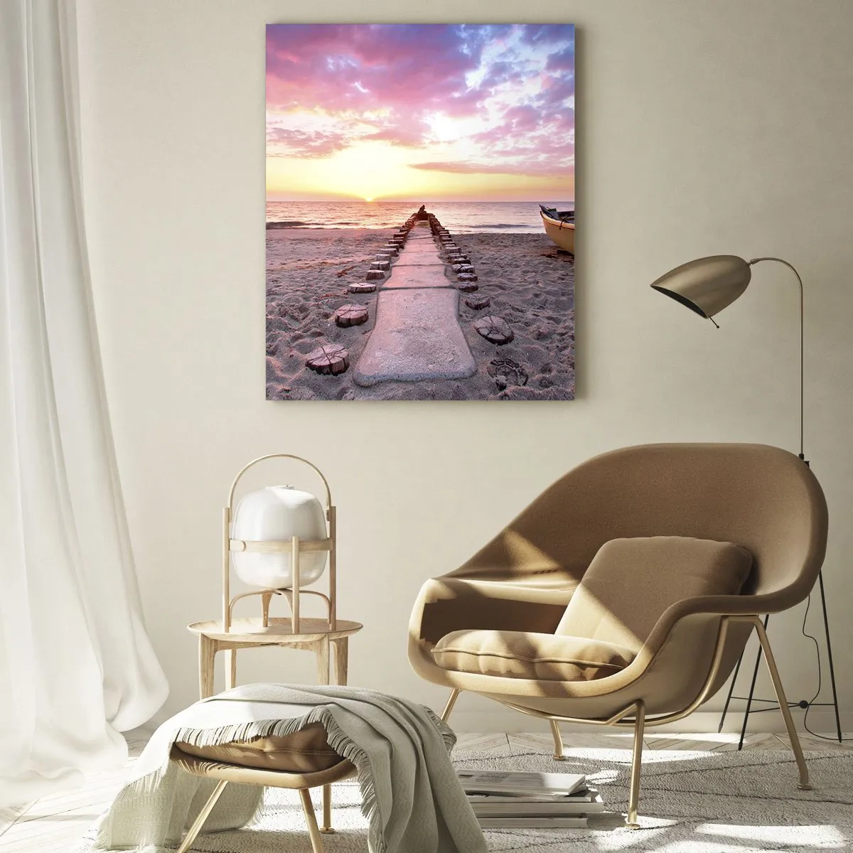 Impression sur verre - Image sur verre - Plage au lever du soleil avec bateau et jetée - 70x100cm - Moment d'expérience profonde - Décoration murale moderne pour le salon et la chambre ARTTOR