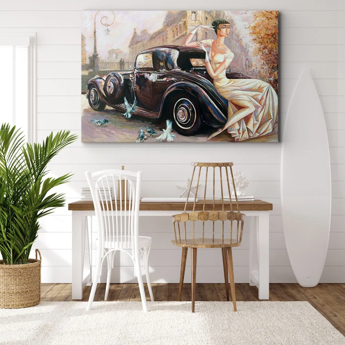 Impression sur toile - Image sur toile - Femme rétro à côté d'une voiture classique - 120x80cm - L'élégance dans un style rétro - Décoration murale moderne pour le salon et la chambre ARTTOR