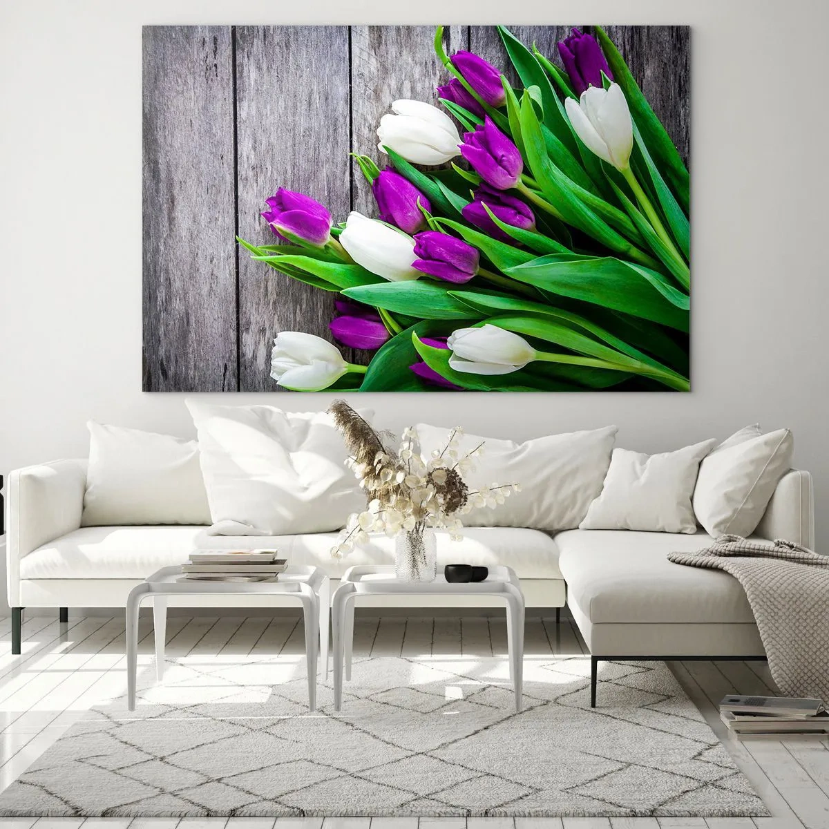 Impression sur verre - Image sur verre - Un bouquet de tulipes violettes et blanches sur un fond en bois - 100x70cm - Le jour des vacances de printemps - Décoration murale moderne pour le salon et la chambre ARTTOR