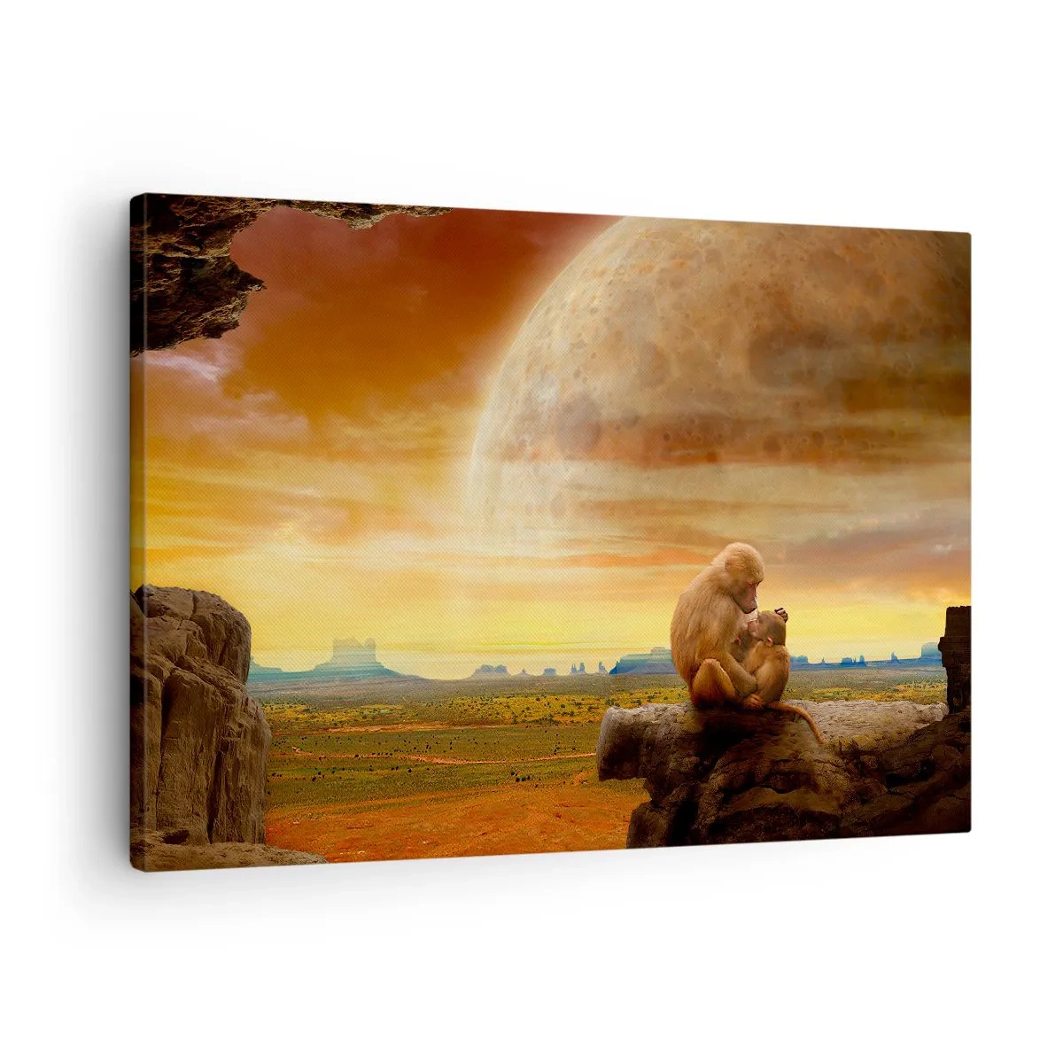 Impression sur toile - Image sur toile - Des singes assis sur un rocher dans un paysage surréaliste avec une planète géante - 70x50cm - L'amour est le même partout - Décoration murale moderne pour le salon et la chambre ARTTOR