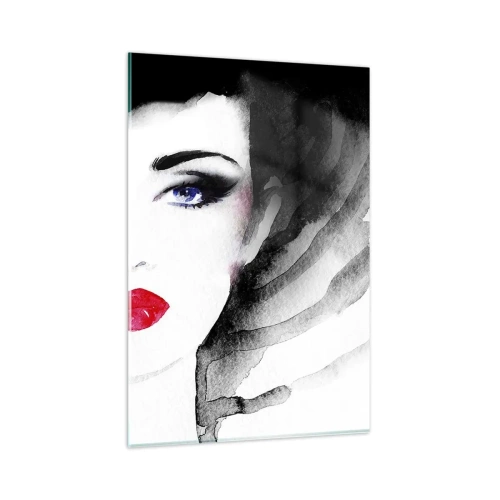 Impression sur verre - Image sur verre - Portrait d'une femme aux lèvres rouges et aux yeux bleus intenses - 80x120cm - Elle repousse et attire - Décoration murale moderne pour le salon et la chambre ARTTOR