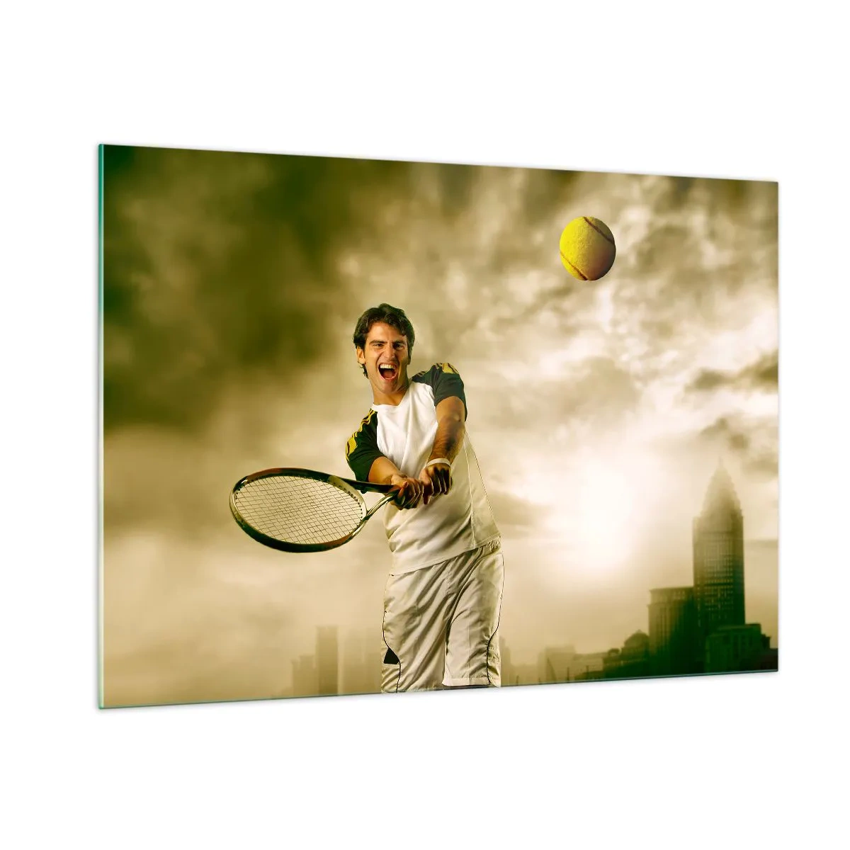 Impression sur verre - Image sur verre - Un joueur de tennis frappe la balle avec en arrière-plan une ville - 100x70cm - Énergie et joie - Décoration murale moderne pour le salon et la chambre ARTTOR