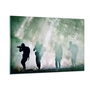 Impression sur verre - Image sur verre - Un groupe de soldats en fumée, marchant dans la forêt, en état d'alerte maximale - 120x80cm - Un pour tous… - Décoration murale moderne pour le salon et la chambre ARTTOR