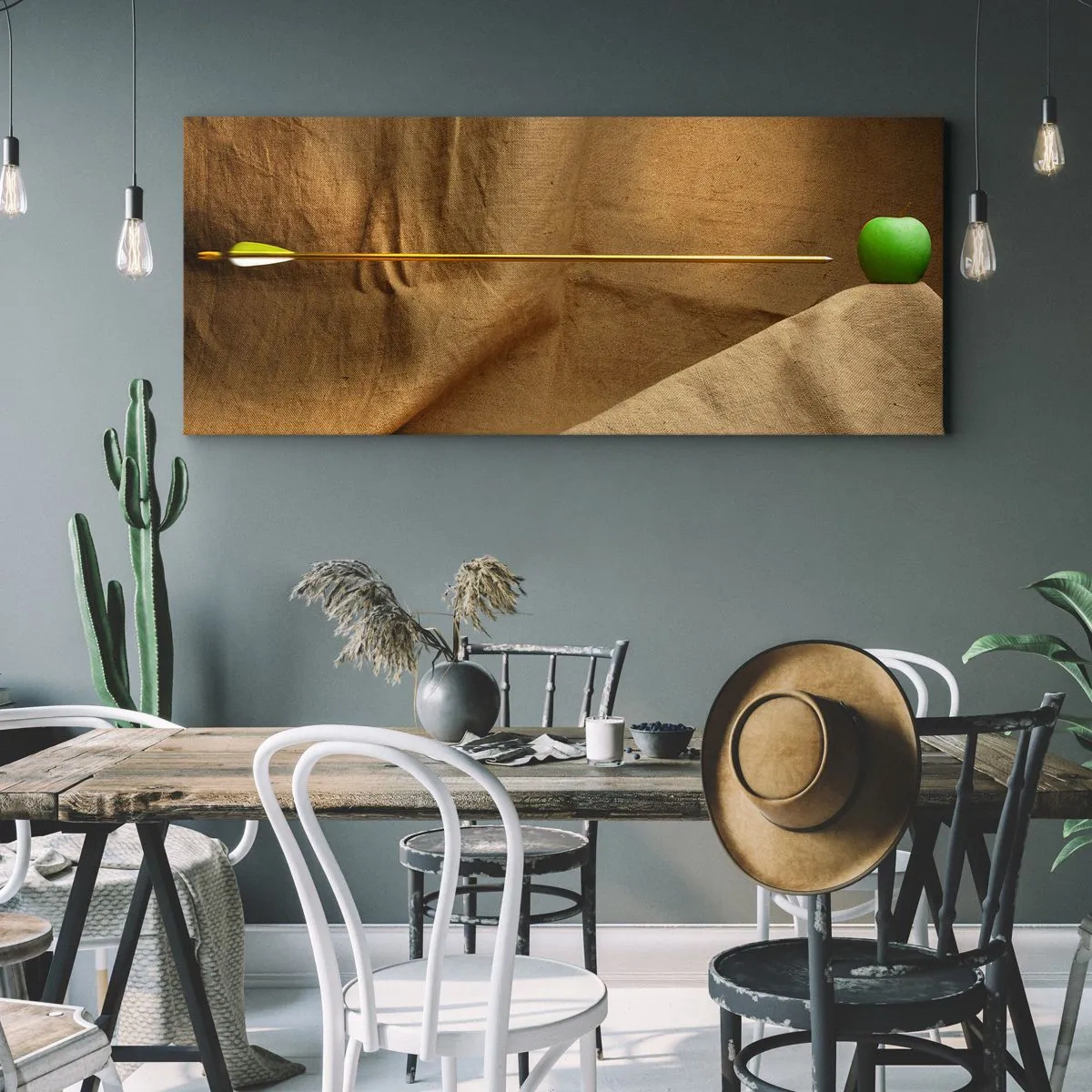 Impression sur toile - Image sur toile - Pomme verte sur tissu avec une flèche créant une composition - 160x50cm - Invoquer l'esprit de Guillaume Tell - Décoration murale moderne pour le salon et la chambre ARTTOR