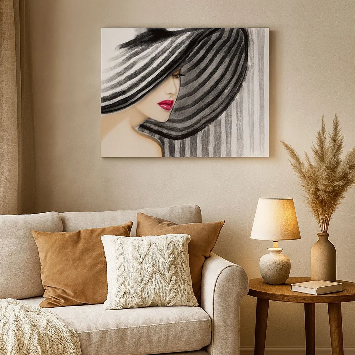 Impression sur toile - Image sur toile - Femme portant un chapeau noir et blanc avec une touche rouge - 70x50cm - Où te chercher ? - Décoration murale moderne pour le salon et la chambre ARTTOR