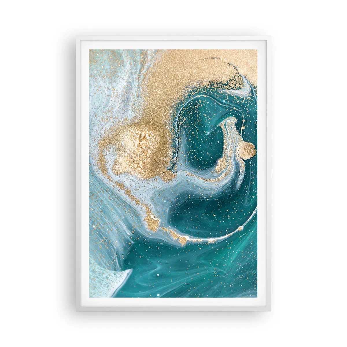 Affiche dans un cadre blanc - Poster - Tourbillon d'or et de turquoise - 70x100 cm