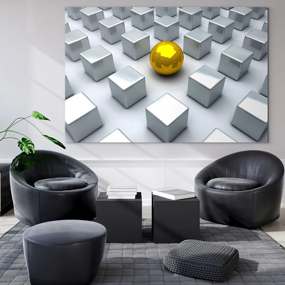 Impression sur verre - Image sur verre - Une sphère dorée entourée de cubes d'argent - 70x50cm - Pourquoi moi? Composition géométrique - Décoration murale moderne pour le salon et la chambre ARTTOR