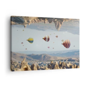Impression sur toile - Image sur toile - Ballons colorés au-dessus d'un paysage rocheux - 70x50cm - Ici, tout est possible - Décoration murale moderne pour le salon et la chambre ARTTOR