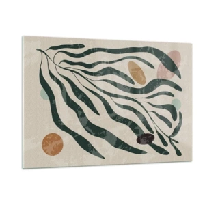 Impression sur verre - Image sur verre - Formes organiques en vert sur fond beige - 120x80cm - Parmi la verdure - Décoration murale moderne pour le salon et la chambre ARTTOR