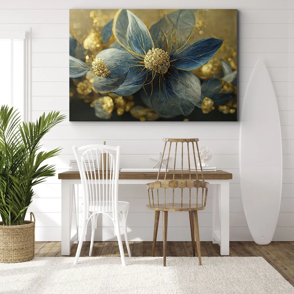 Impression sur toile - Image sur toile - Fleurs élégantes dans des tons de bleu et d'or - 120x80cm - Fleurir avec de l'or - Décoration murale moderne pour le salon et la chambre ARTTOR