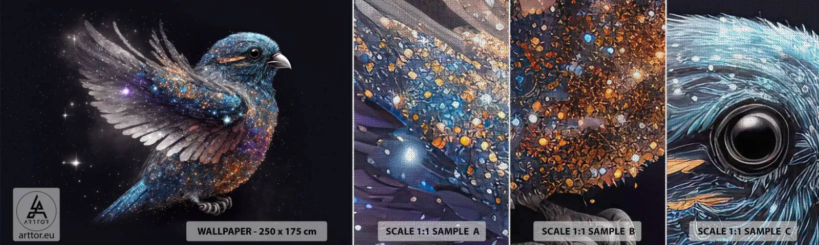 Échantillon de Papier Peint Premium Canvas - Moineau de diamant - Oiseau, la magie, Cosmos - 100x30 cm