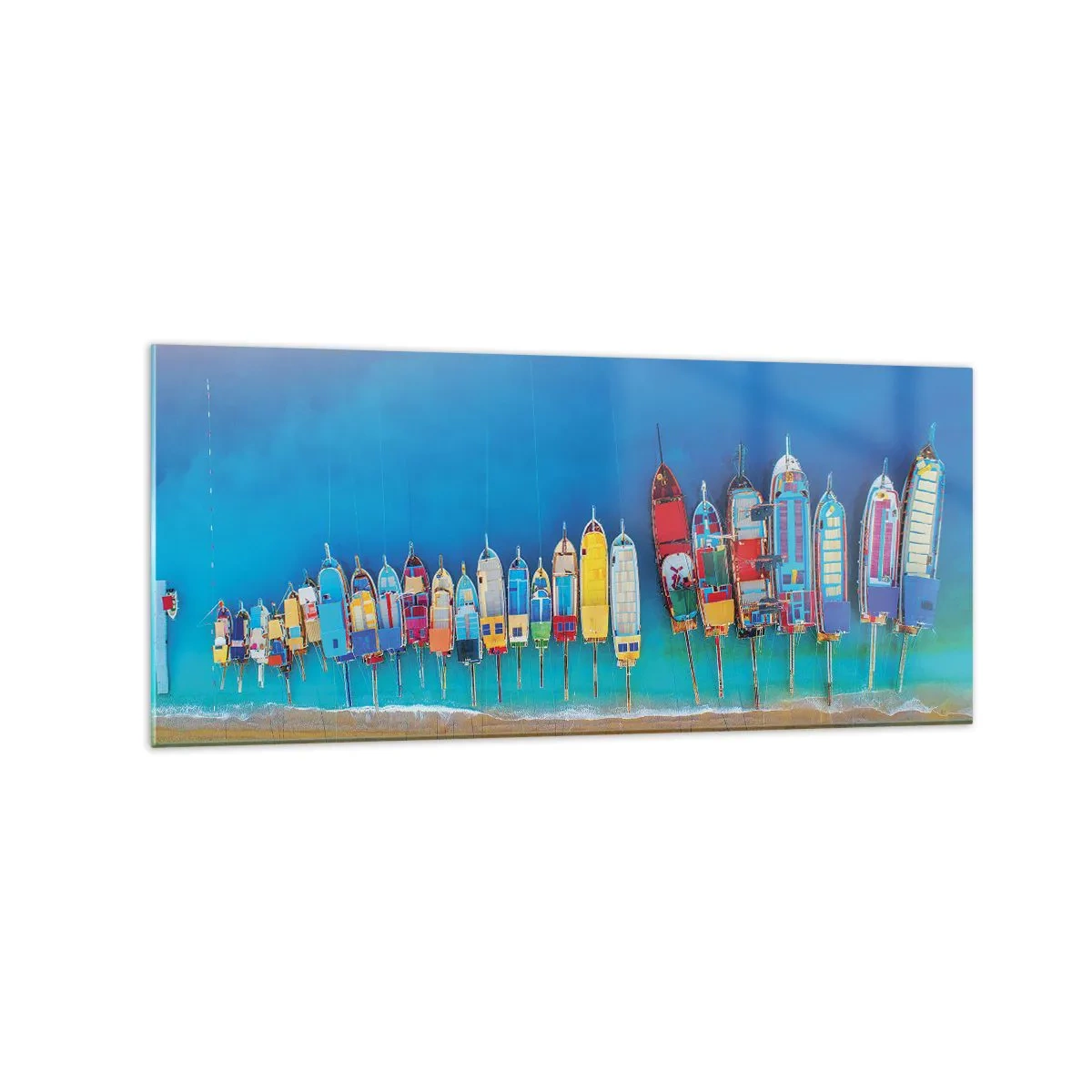 Impression sur verre - Image sur verre - Des bateaux colorés alignés en rangée sur le rivage - 120x50cm - Une vue à vol d'oiseau - Décoration murale moderne pour le salon et la chambre ARTTOR