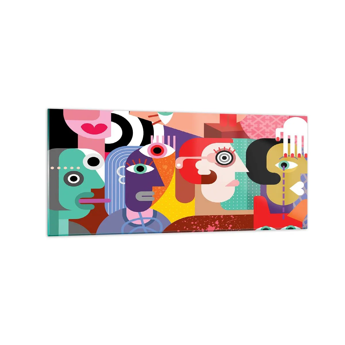 Impression sur verre - Image sur verre - Abstraction colorée avec des visages géométriques - 120x50cm - Nous par M. Picasso - Décoration murale moderne pour le salon et la chambre ARTTOR