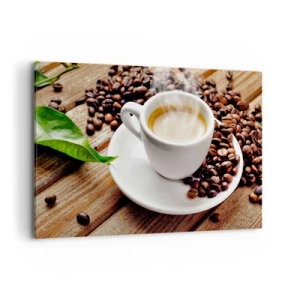 Impression sur toile - Image sur toile - Une tasse de café aromatique sur fond de grains et d'une feuille - 120x80cm - Café sur un banc - Décoration murale moderne pour le salon et la chambre ARTTOR