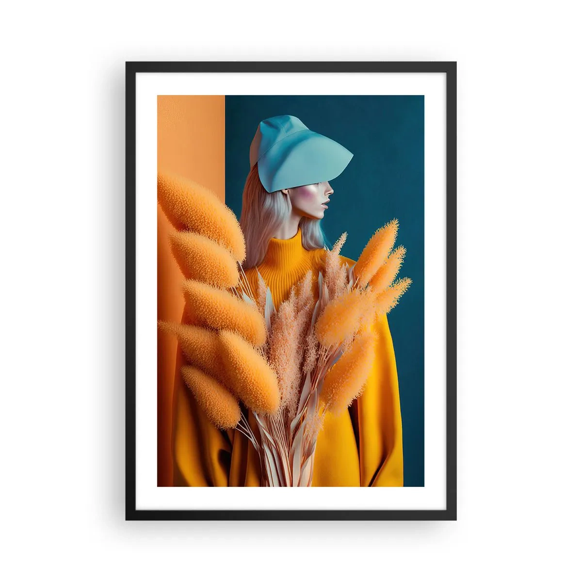 Affiche dans un cadre noir - Poster - Un portrait moderne d'une femme aux couleurs chaudes - 50x70cm - Portrait moelleux - Décoration murale moderne pour le salon et la chambre ARTTOR