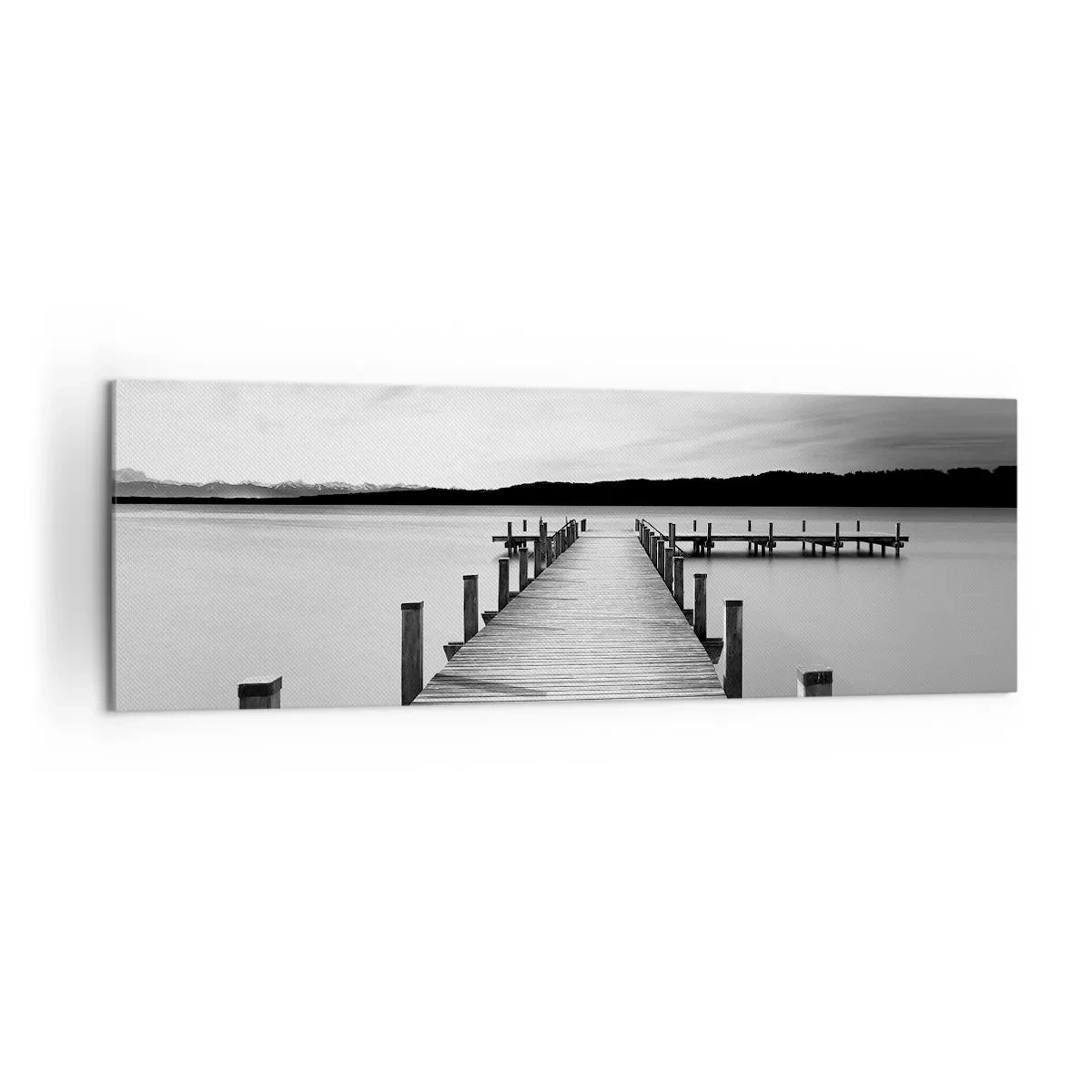 Impression sur toile - Image sur toile - Une jetée noire et blanche sur un lac calme - 160x50cm - Au point d'eau - la paix - Décoration murale moderne pour le salon et la chambre ARTTOR