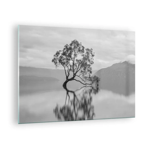 Impression sur verre - Image sur verre - Un arbre solitaire sur l'eau dans un paysage noir et blanc - 70x50cm - Un tel pays existe - Décoration murale moderne pour le salon et la chambre ARTTOR
