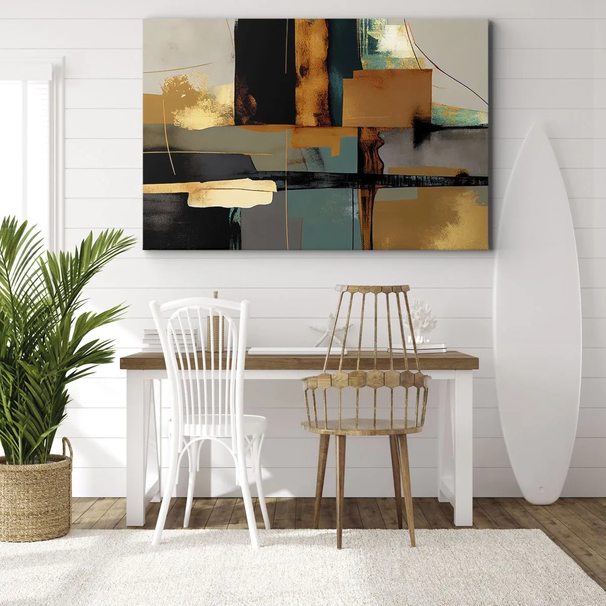 Impression sur toile - Image sur toile - Composition abstraite avec des éléments dorés et turquoise - 100x70cm - Abstraction – lumière et ombre - Décoration murale moderne pour le salon et la chambre ARTTOR