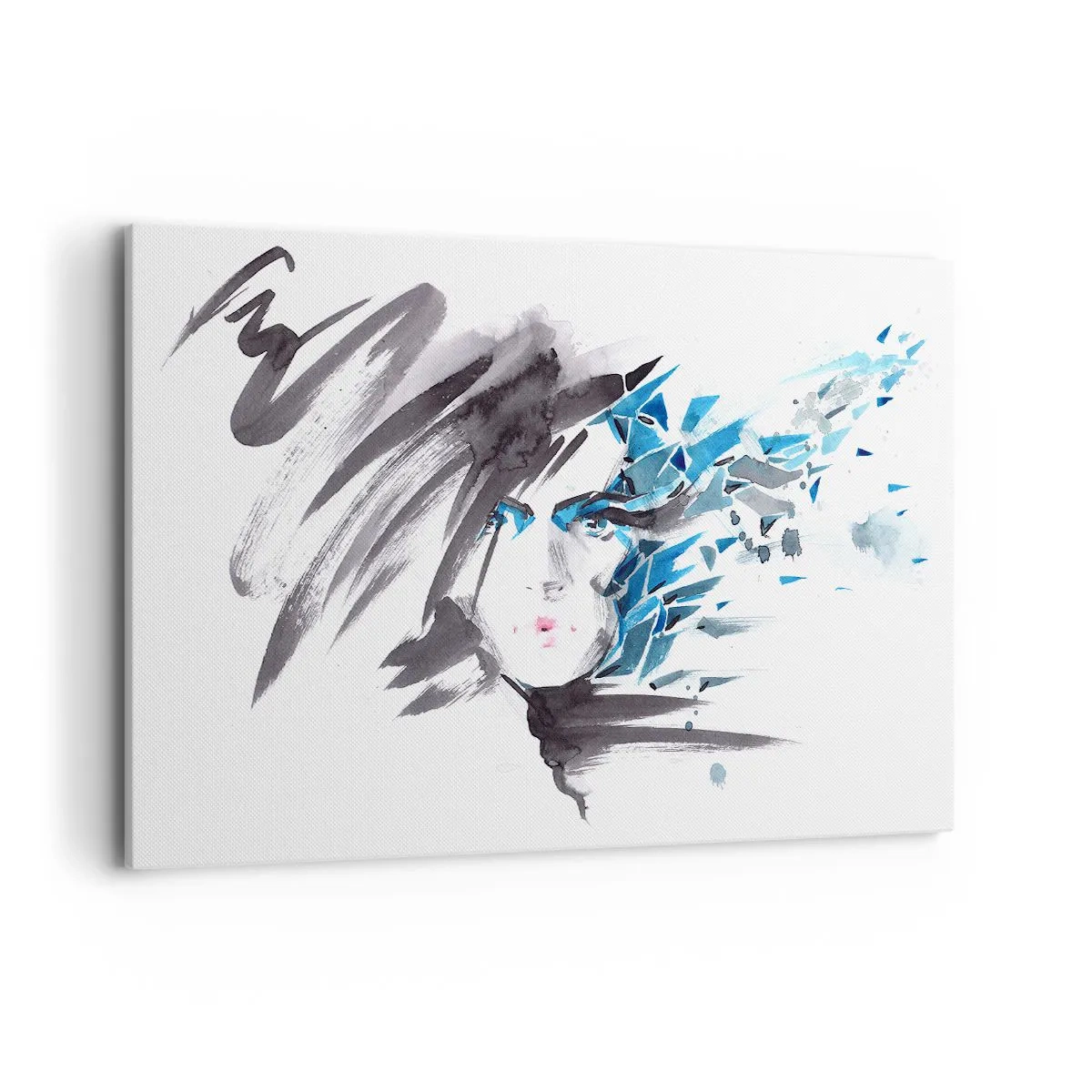 Impression sur toile - Image sur toile - Peinture faciale artistique à l'aquarelle avec des accents bleus - 120x80cm - Portrait sensuel en gris et bleu - Décoration murale moderne pour le salon et la chambre ARTTOR