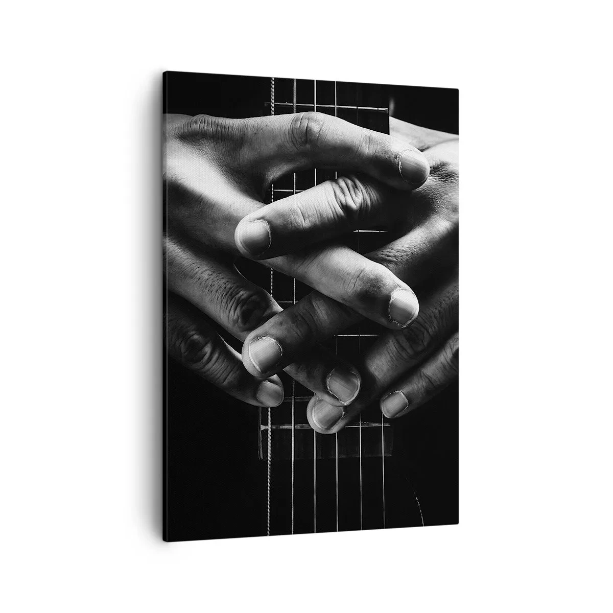 Impression sur toile - Image sur toile - Mains jointes sur une guitare dans un ton monochrome - 50x70cm - Prière d'artiste - Décoration murale moderne pour le salon et la chambre ARTTOR