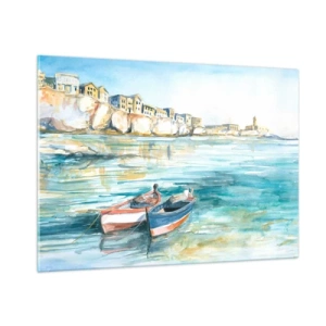 Impression sur verre - Image sur verre - Une baie aigue-marine avec des bateaux et des bâtiments sur la falaise - 100x70cm - Paysage dans l'azur - Décoration murale moderne pour le salon et la chambre ARTTOR