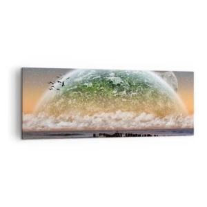 Impression sur toile - Image sur toile - Un paysage fantastique avec une grande planète au-dessus de la mer et une jetée en bois. - 140x50cm - Et le monde est sorti de l'eau - Décoration murale moderne pour le salon et la chambre ARTTOR